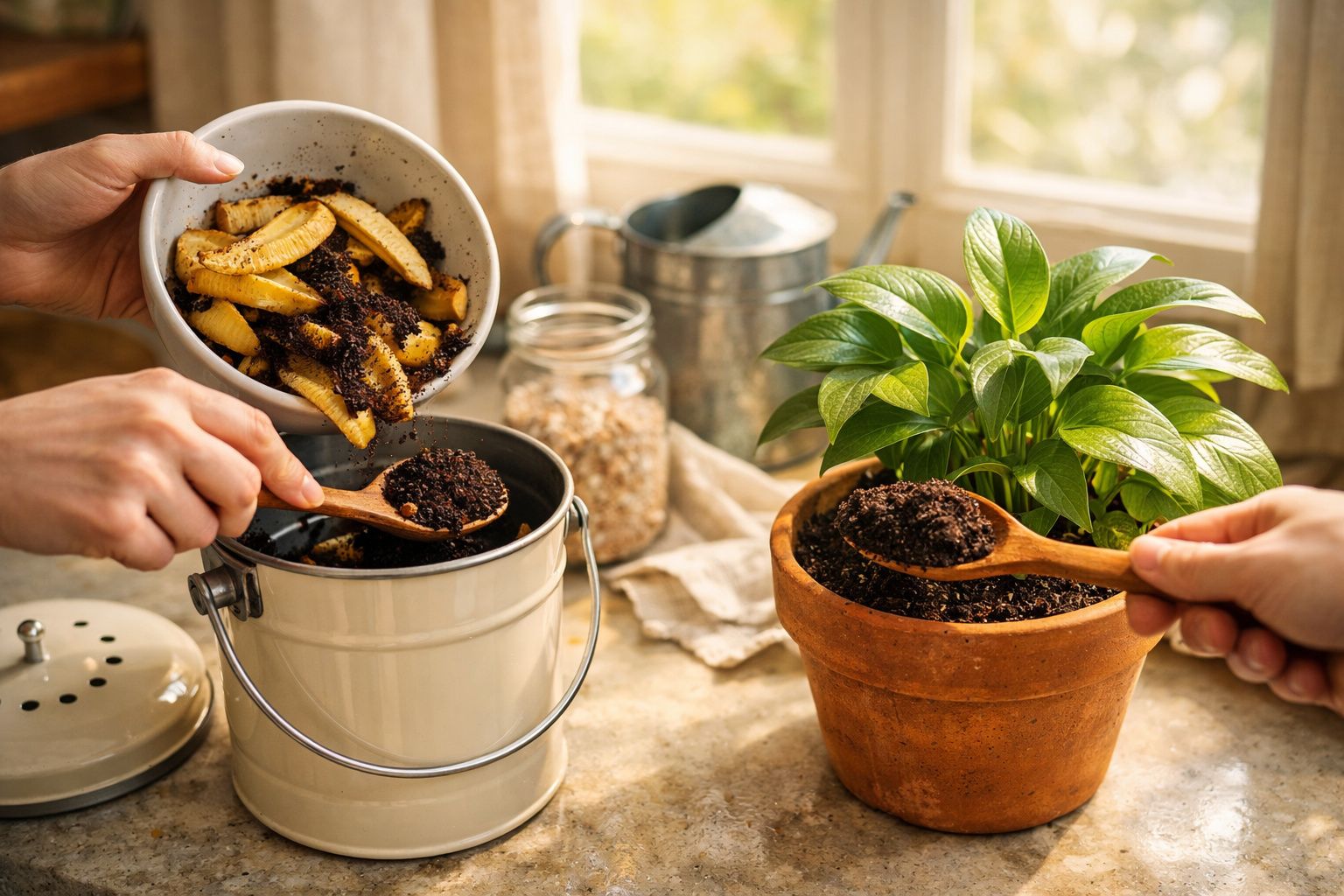 Mãos usando compostagem de restos de comida em vaso de planta ao lado de uma janela iluminada.
