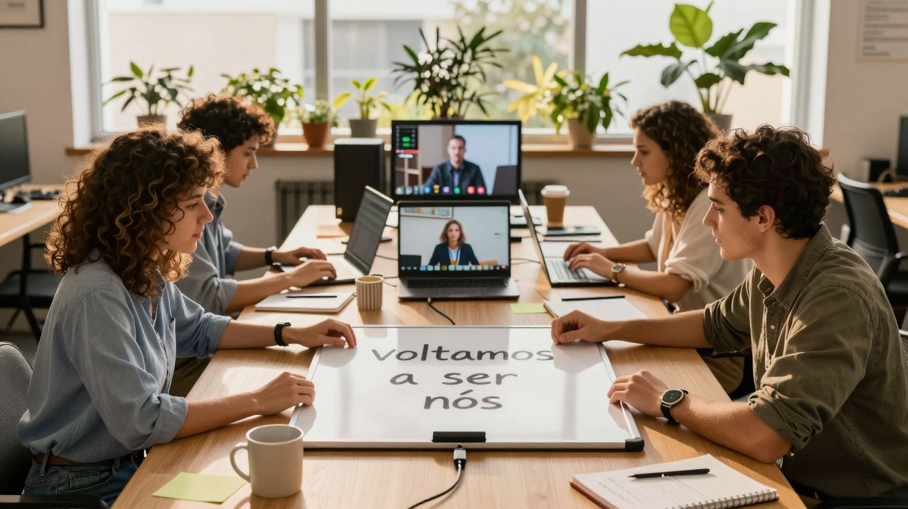 Quatro pessoas em reunião presencial e virtual em escritório com plantas e laptops, segurando quadro com "voltamos a ser nós"