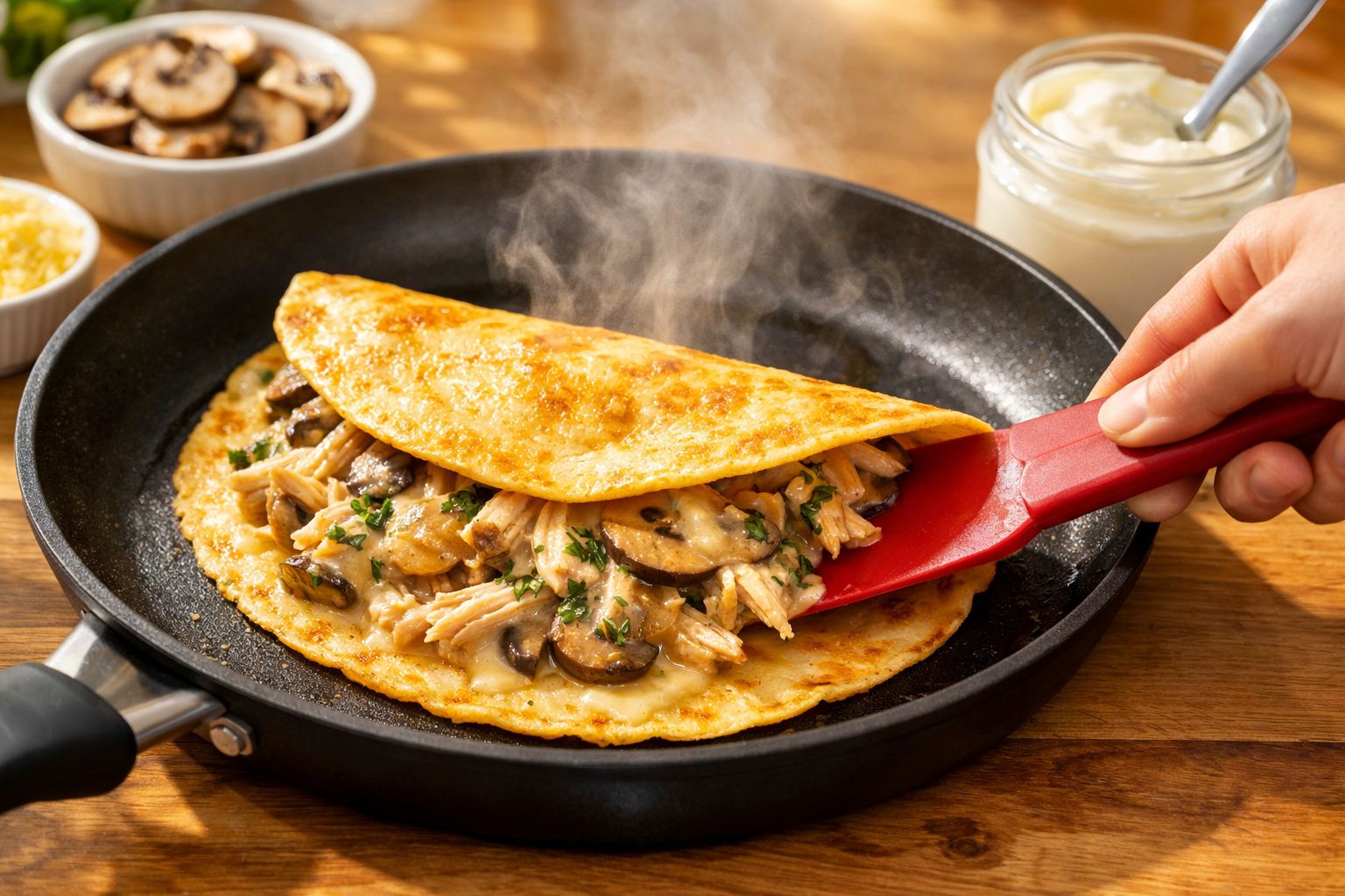 Panqueca recheada com frango e cogumelos em frigideira preta, sendo virada com espátula vermelha.