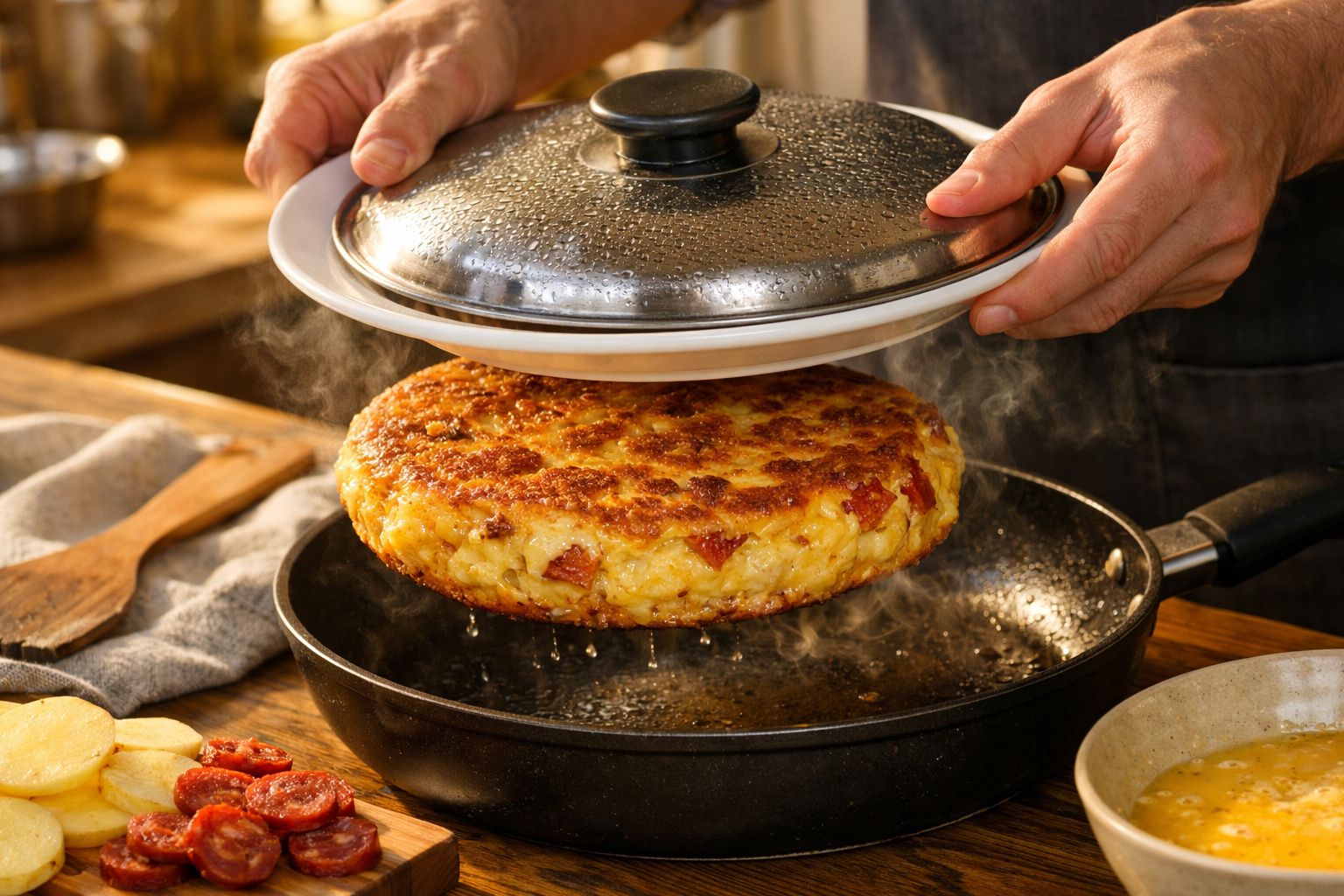 Mãos retirando tampa de frigideira com omelete de batata e linguiça sobre prato branco, ovos e salsa ao fundo.