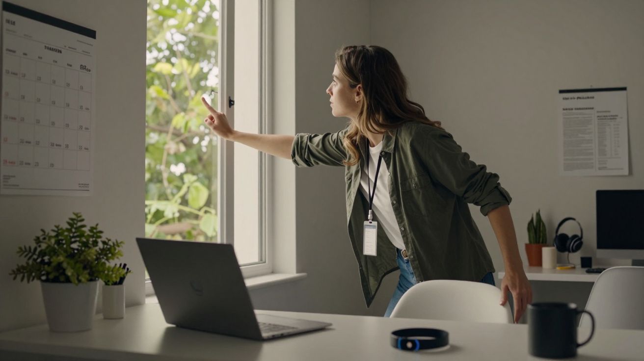 Mulher em escritório abre janela, próxima a laptop, planta e caneca.