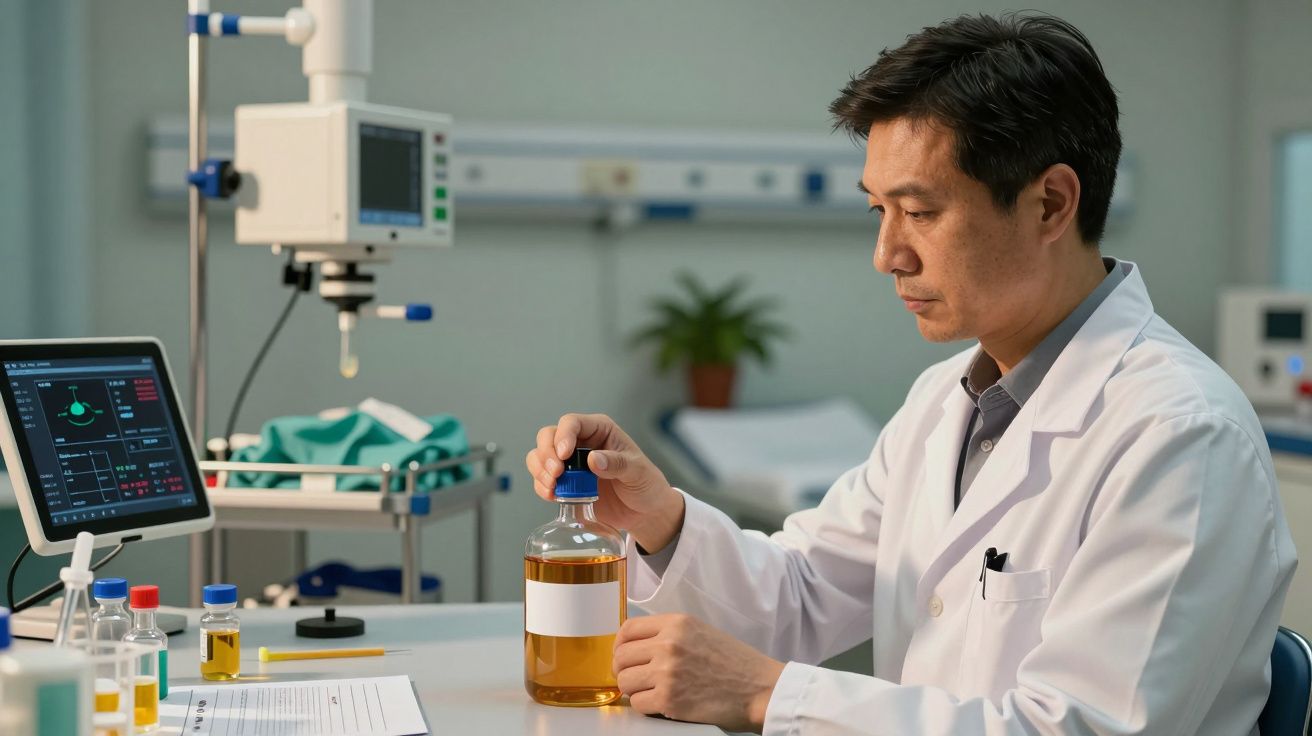 Cientista em laboratório segurando frasco com líquido amarelo, próximo a equipamento e tela com gráfico.