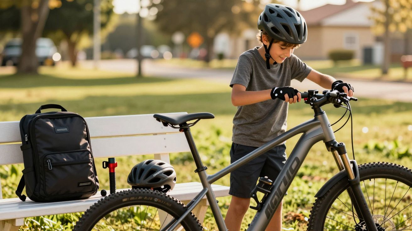 Criança com capacete ajustando a bicicleta ao lado de um banco de parque, onde há uma mochila preta e outro capacete.
