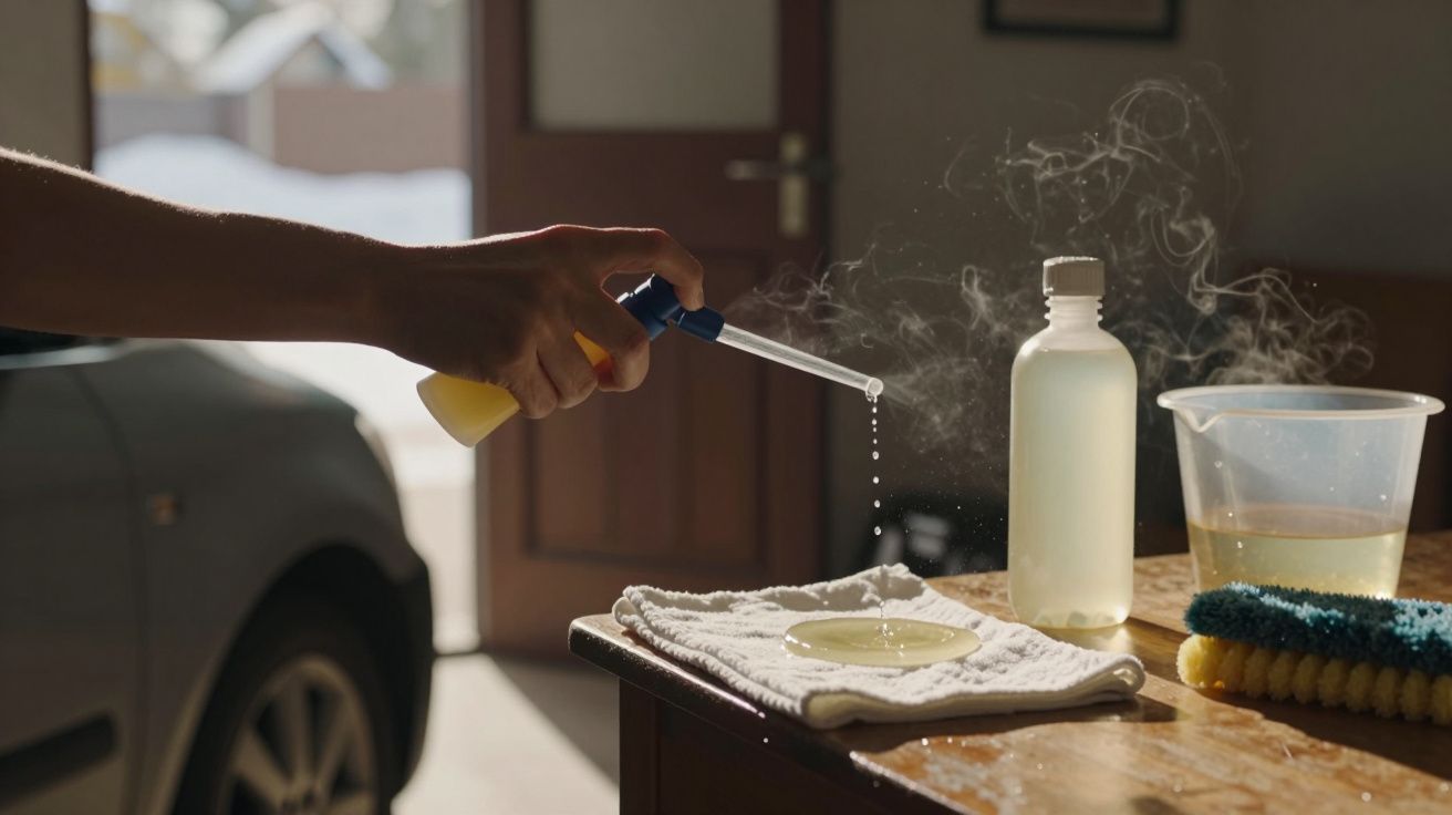 Pessoa usando seringa para pingar líquido em prato, com materiais de limpeza ao redor.