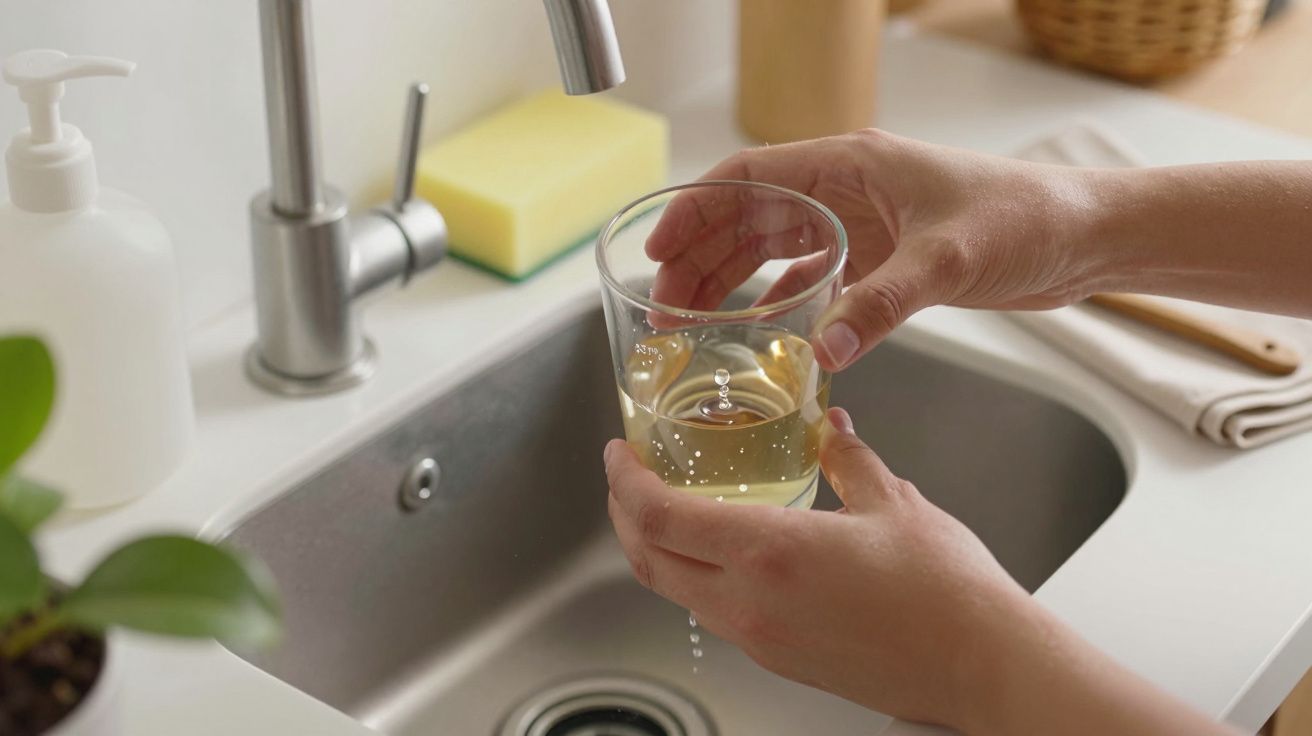 Pessoa segurando copo de água sob torneira de pia inox em cozinha, com esponja e planta ao fundo.