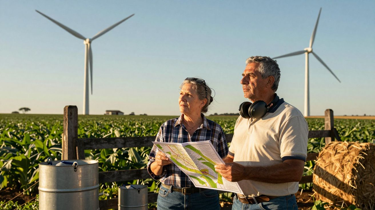 Casal olhando mapa em plantação com turbinas eólicas ao fundo, em um dia ensolarado.