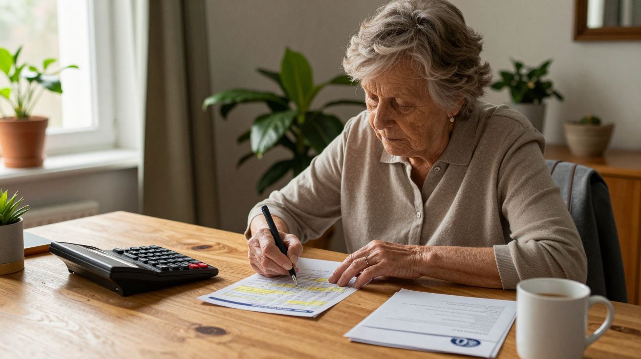 Idosa escreve em documento na mesa, cercada por uma calculadora e uma caneca, com plantas ao fundo.