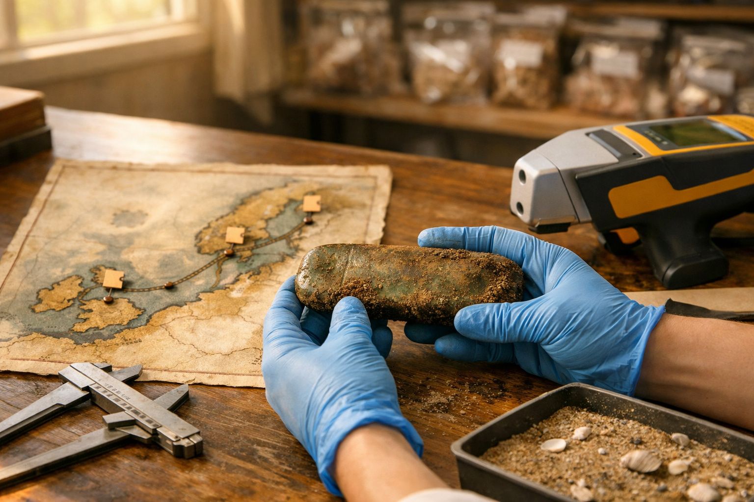 Mãos segurando mineral em escritório, com lupa, mapa e paquímetro na mesa. Mapa mundial decorando a parede ao fundo.