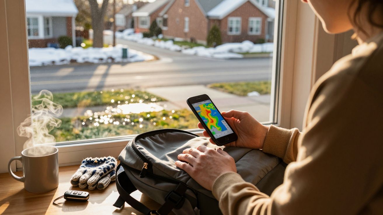 Pessoa usando smartphone com mapa colorido, mochila, luvas e caneca ao lado, na janela com vista para rua.