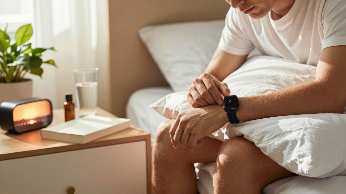 Homem sentado em cama, ajustando smartwatch. Mesinha ao lado com livro, planta e despertador. Ambiente iluminado.