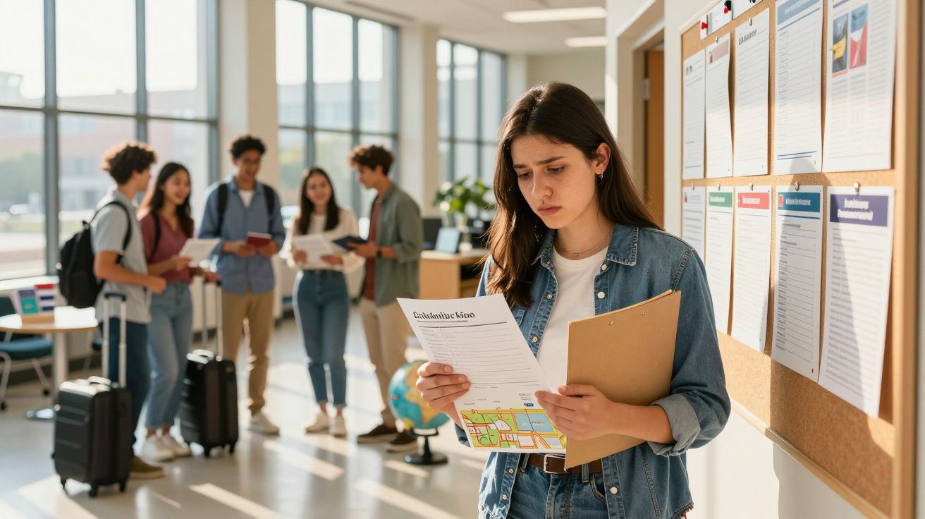 Estudante lendo papel em um corredor escolar, com grupo de jovens ao fundo conversando.