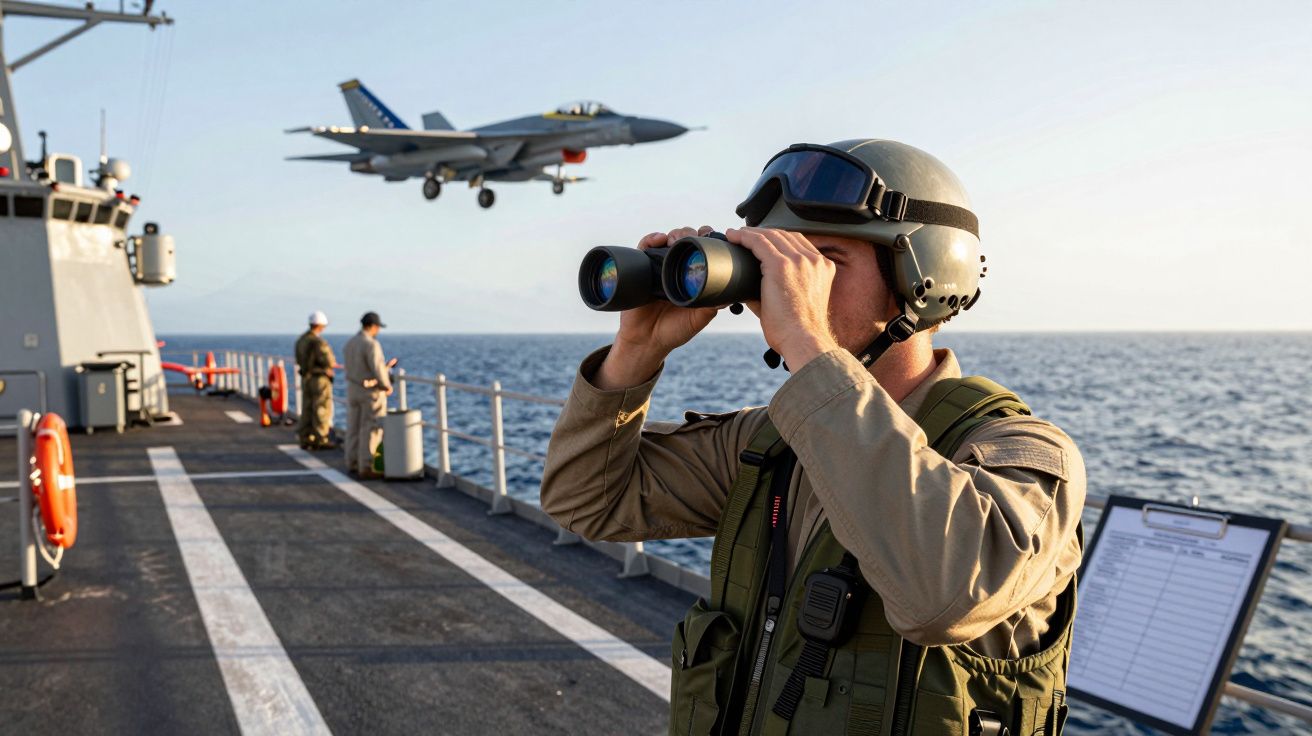 Marinheiro com binóculo observa caça pousando em porta-aviões no mar, céu claro ao fundo.