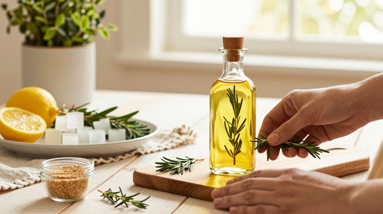 Mãos posicionando ramo de alecrim em tábua com garrafa de azeite, limões e cubos de açúcar ao fundo.
